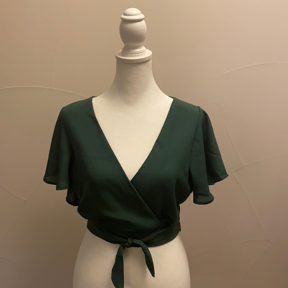Love Tree Green Crossover Crop Top with Butterfly Sleeves